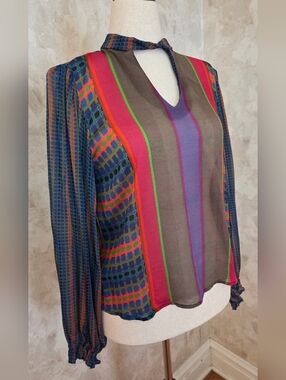 Conditions Apply Multicolor Abstract Plaid Viscose Blouse Keyhole Neck Boho Chic